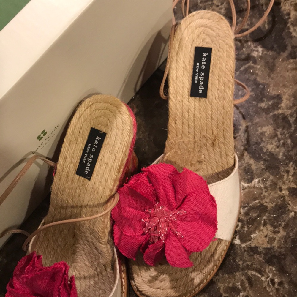 Kate Spade natural canvas, pink, orange wedges